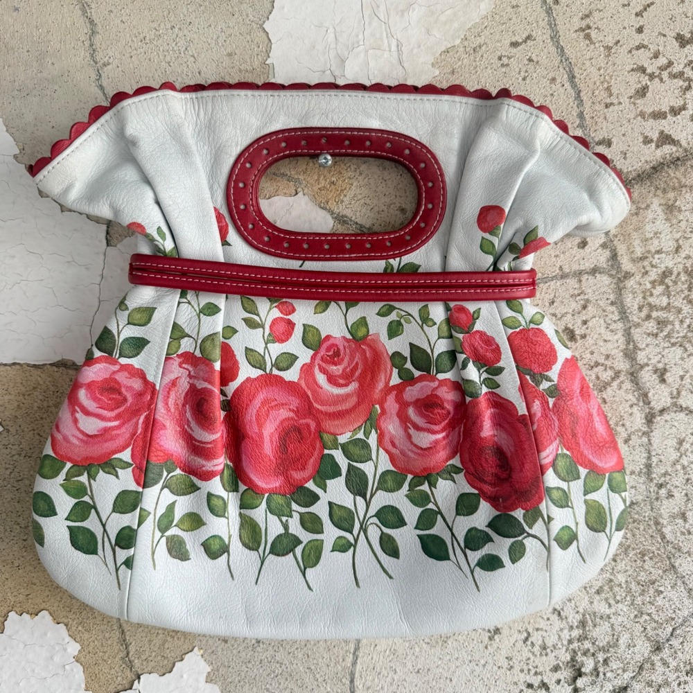 Isabella Fiore Bag Hand Painted Rose Leather Handbag Tassel Cutout Handle Y2K - Picture 3 of 10